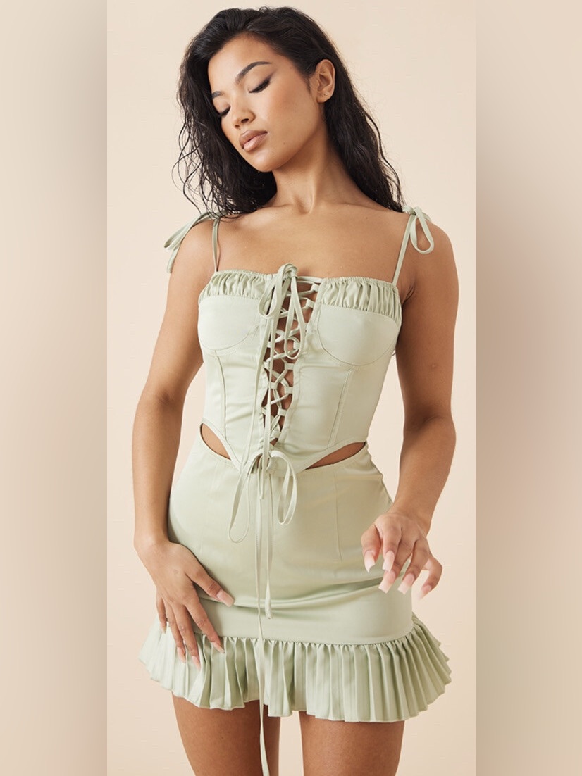 Prettylittlething Sage Green Corset Lace Up Cut Out Pleated Mini Dress Size 10